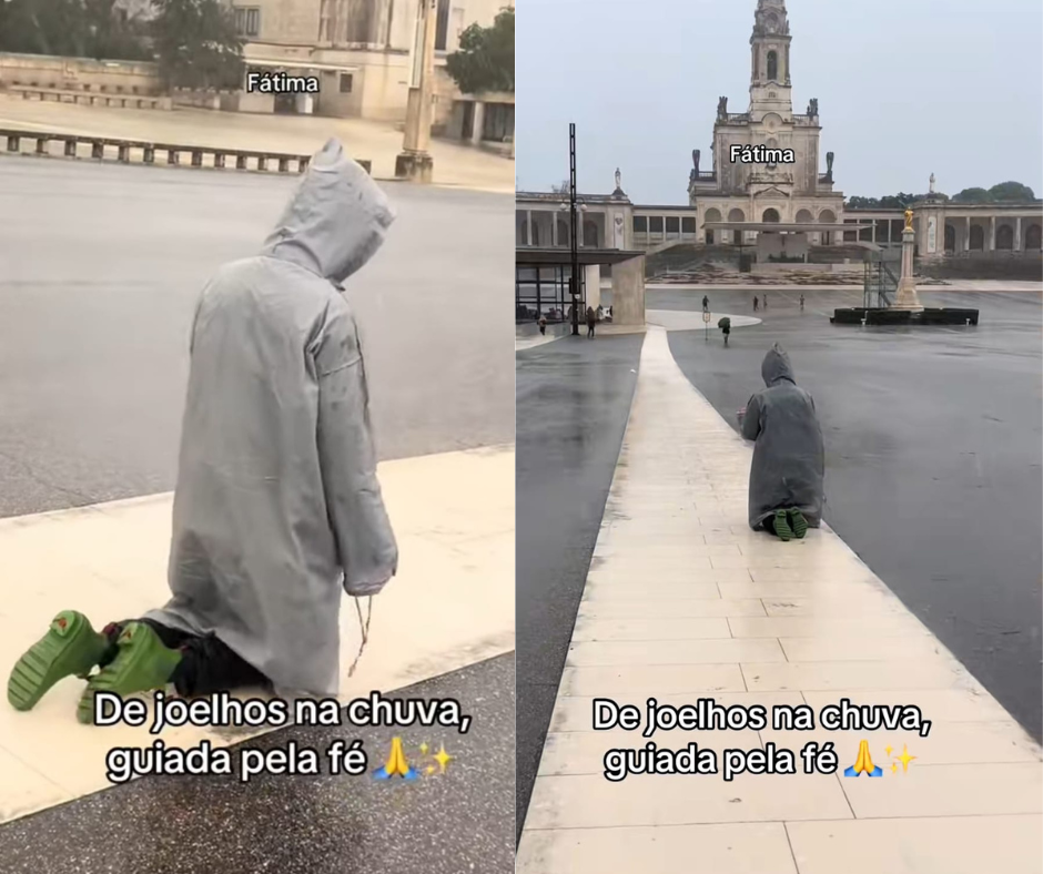 Na Chuva Torrencial, Jovem Espanhola Caminha de Joelhos Até à Capelinha com Fé Inabalável